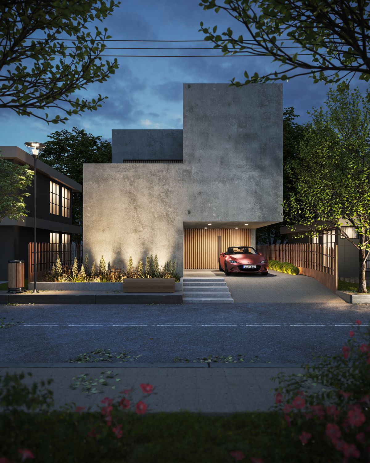 Contemporary concrete and timber house lit from within at dusk