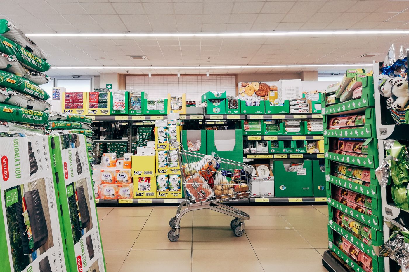 Grocery store aisle with stocked shelving and painted ceiling